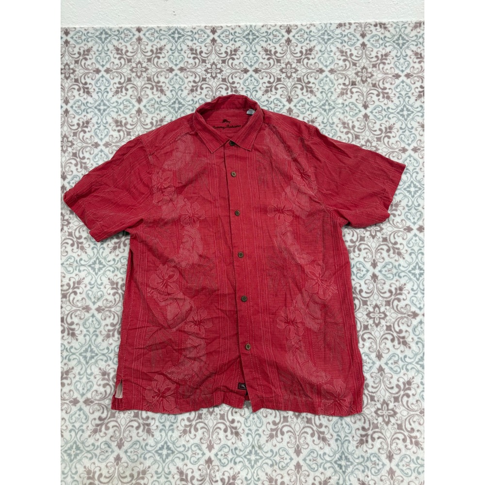 Tommy Bahama Mens Large Red 100% Silk Floral Hibiscus Short Sleeve Button Shirt